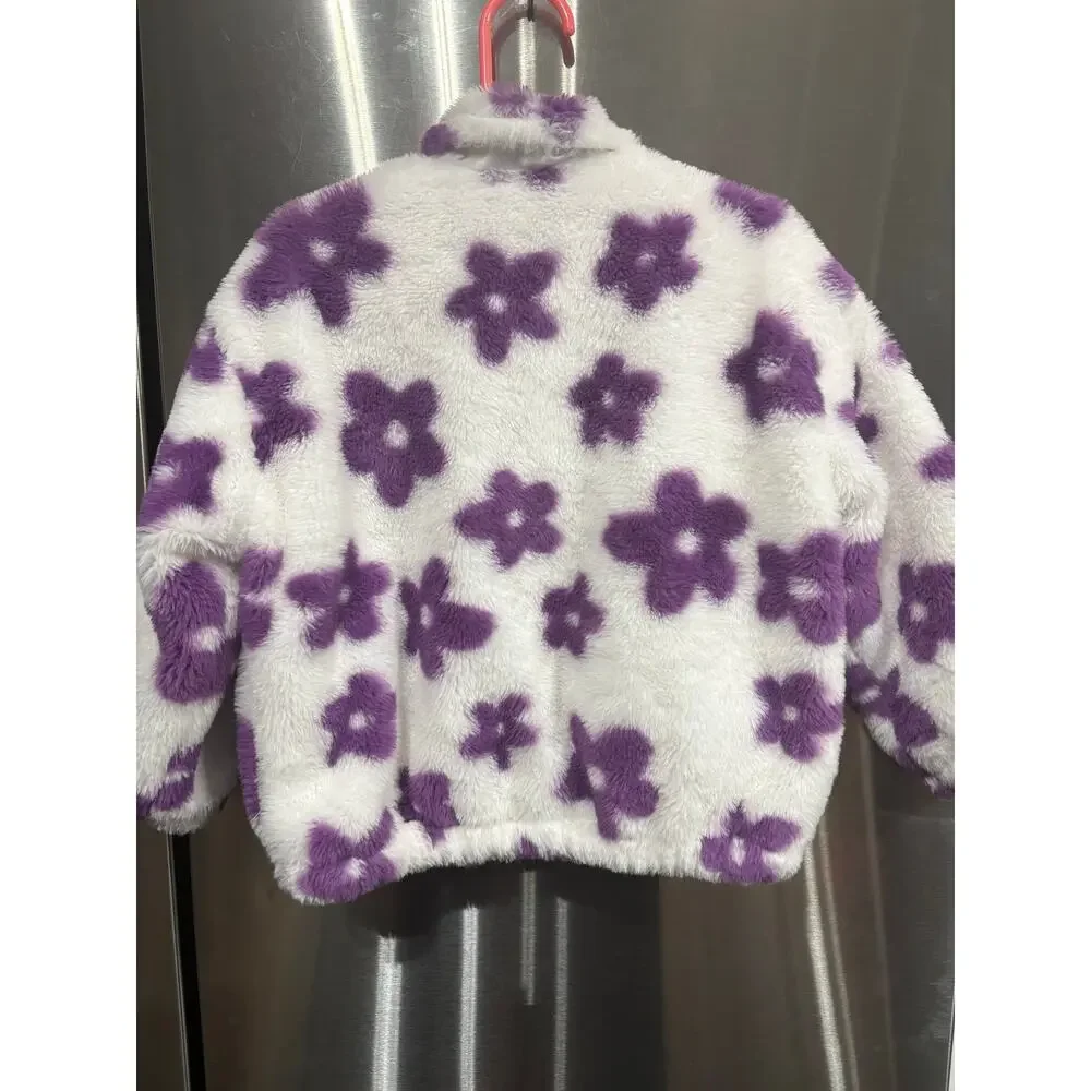 White and Purple Flower Fuzzy Coat - SHEIN - 4Y